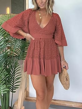 New Ladies Lace Batwing Sleeve Mini Dress,Women's Lace V